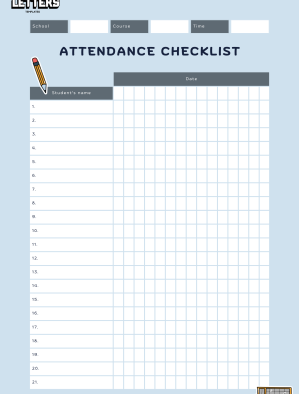 Class attendance sheet in blue light blue and grey simple school style